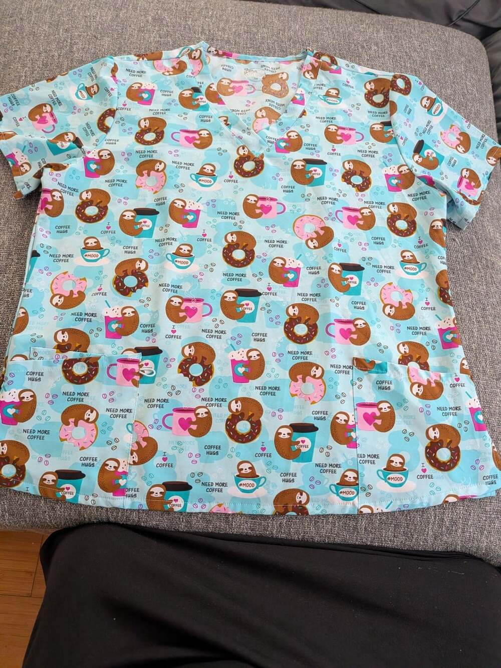 Divine Stretch Sloth and Donuts Coffee Print V-Neck Scrub Top